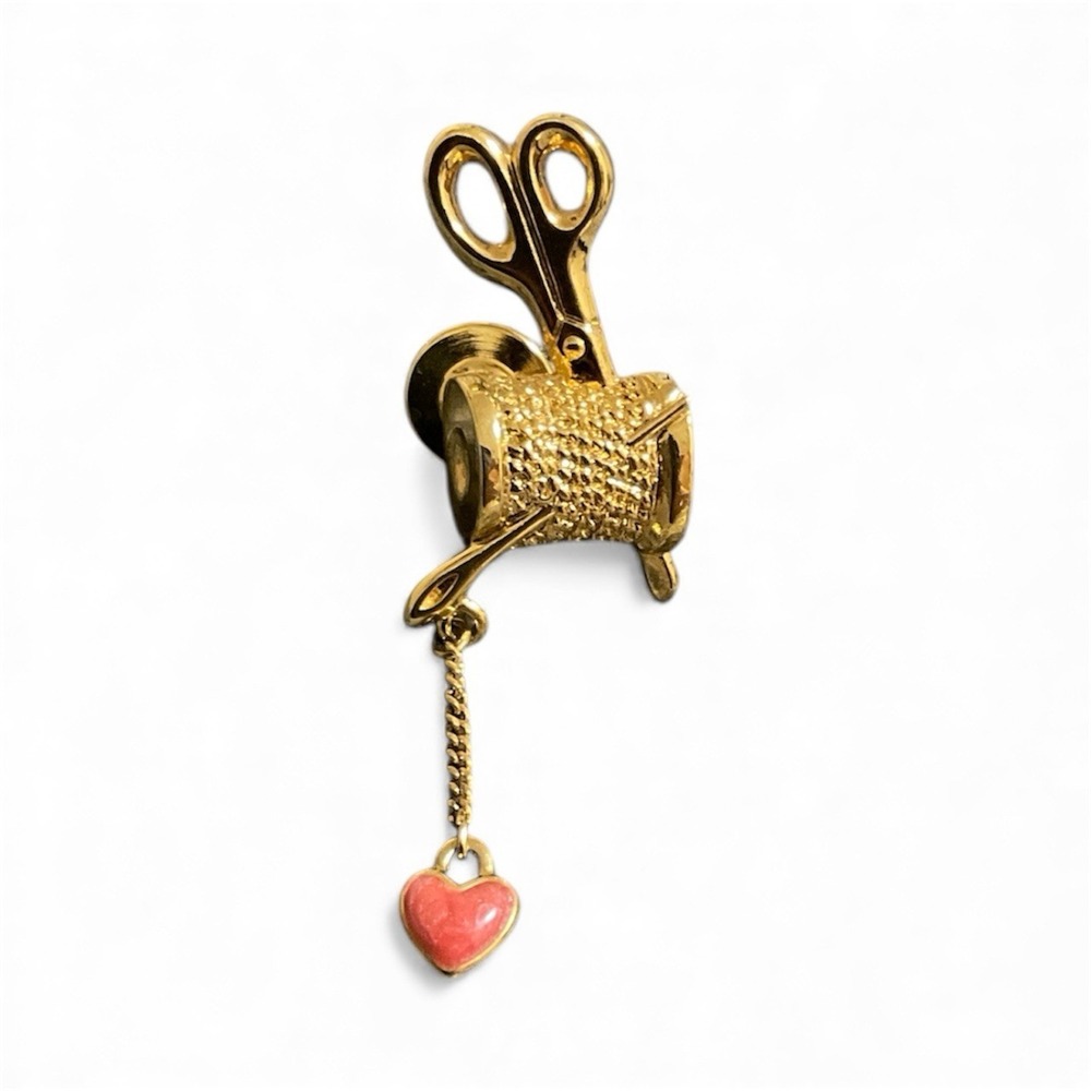 Vintage Sewing Scissors Lapel Pin Gold Tone Spool Pink Heart Brooch Pinback